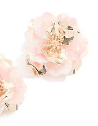 Rose Gold Marbled Pink Flower Large Stud Earrings