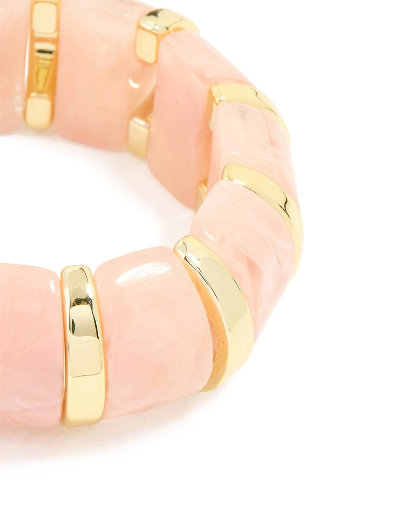 Pink Acrylic Marbled & Gold Stretch Bracelet