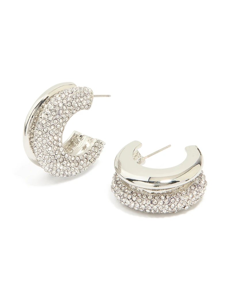 Silver Diamante Ribbed Double Hoop Earrings