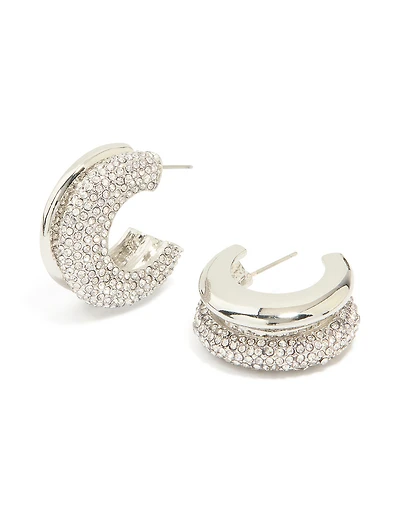 Silver Diamante Ribbed Double Hoop Earrings