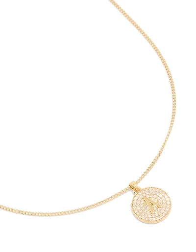 Gold Plated Cubic Zirconia Circle Letter A Pendant Necklace