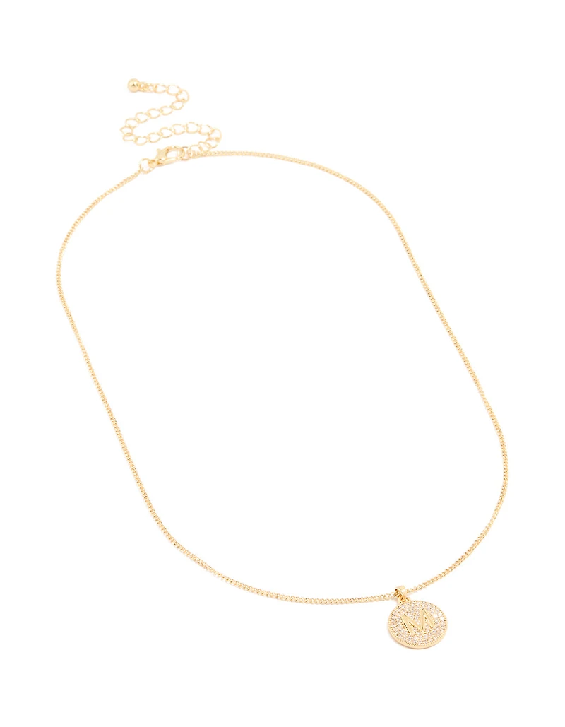 Gold Plated Cubic Zirconia Circle Letter M Pendant Necklace