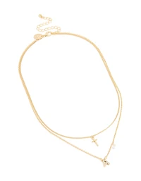 Gold Plated Cubic Zirconia Cross Letter A Layered Necklace