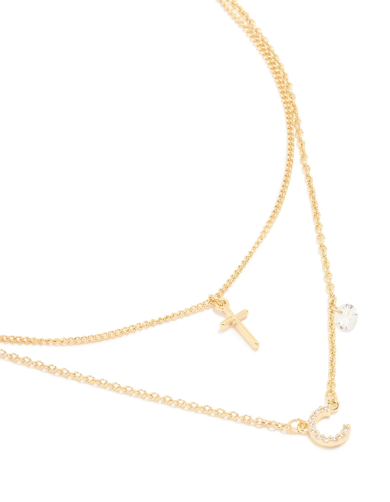 Gold Plated Cubic Zirconia Cross Letter C Layered Necklace