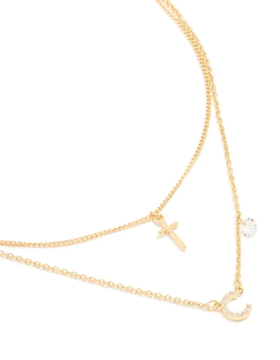 Gold Plated Cubic Zirconia Cross Letter C Layered Necklace