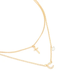 Gold Plated Cubic Zirconia Cross Letter C Layered Necklace