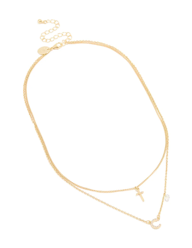 Gold Plated Cubic Zirconia Cross Letter C Layered Necklace