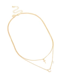 Gold Plated Cubic Zirconia Cross Letter C Layered Necklace