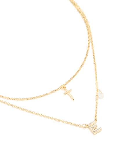 Gold Plated Cubic Zirconia Cross Letter E Layered Necklace
