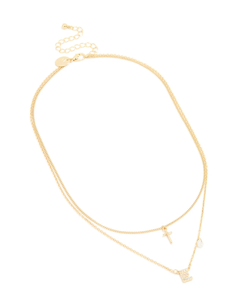 Gold Plated Cubic Zirconia Cross Letter E Layered Necklace