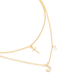 Gold Plated Cubic Zirconia Cross Letter J Layered Necklace