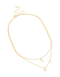 Gold Plated Cubic Zirconia Cross Letter J Layered Necklace