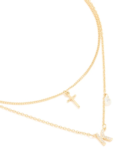 Gold Plated Cubic Zirconia Cross Letter K Layered Necklace