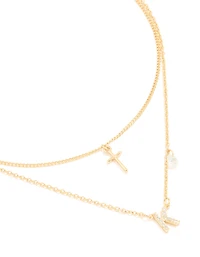 Gold Plated Cubic Zirconia Cross Letter K Layered Necklace