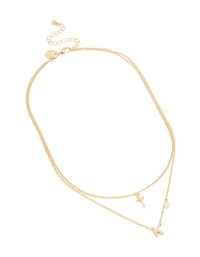 Gold Plated Cubic Zirconia Cross Letter K Layered Necklace