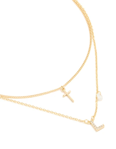 Gold Plated Cubic Zirconia Cross Letter L Layered Necklace
