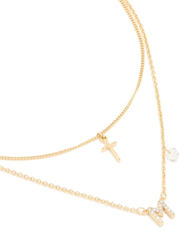 Gold Plated Cubic Zirconia Cross Letter M Layered Necklace