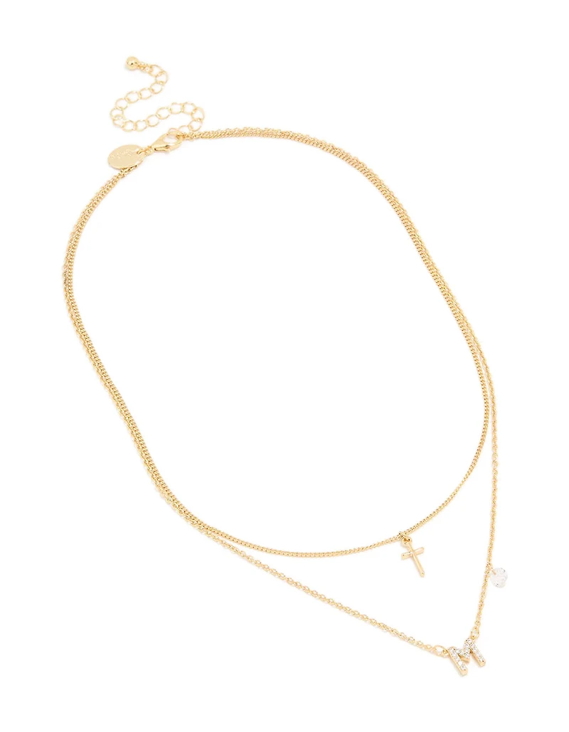 Gold Plated Cubic Zirconia Cross Letter M Layered Necklace