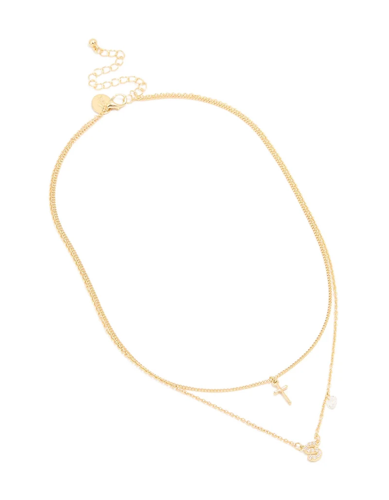 Gold Plated Cubic Zirconia Cross Letter S Layered Necklace