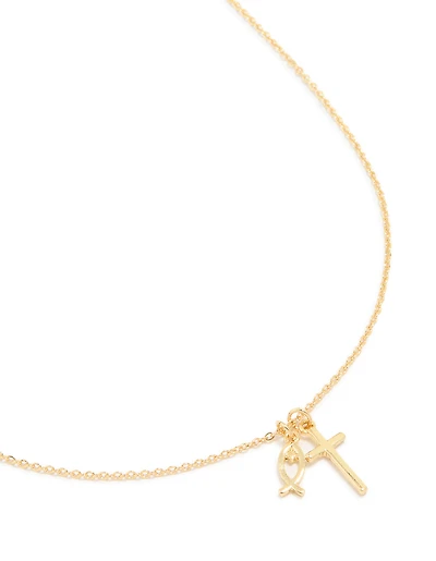 Gold Plated Cross & Fish Pendant Necklace