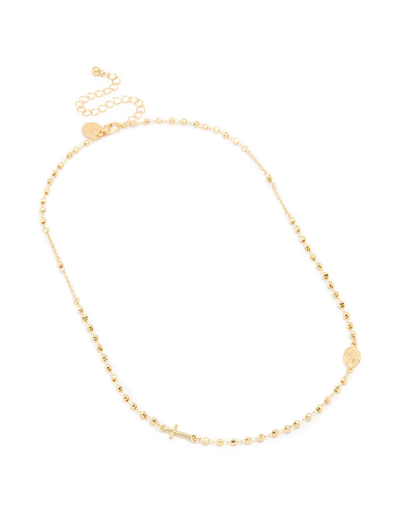 Gold Plated Ball Chain Mary Cross Necklace