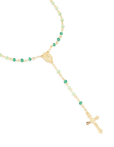 Gold Plated Green Beaded Lariat Cross Necklace