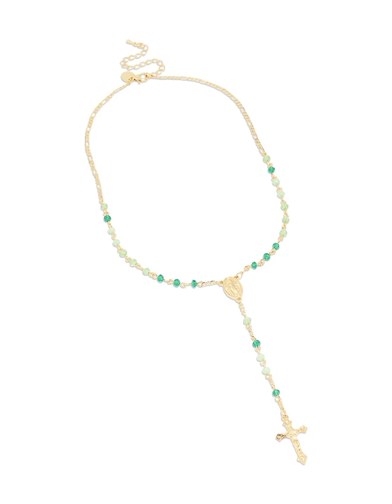 Gold Plated Green Beaded Lariat Cross Necklace