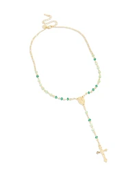 Gold Plated Green Beaded Lariat Cross Necklace
