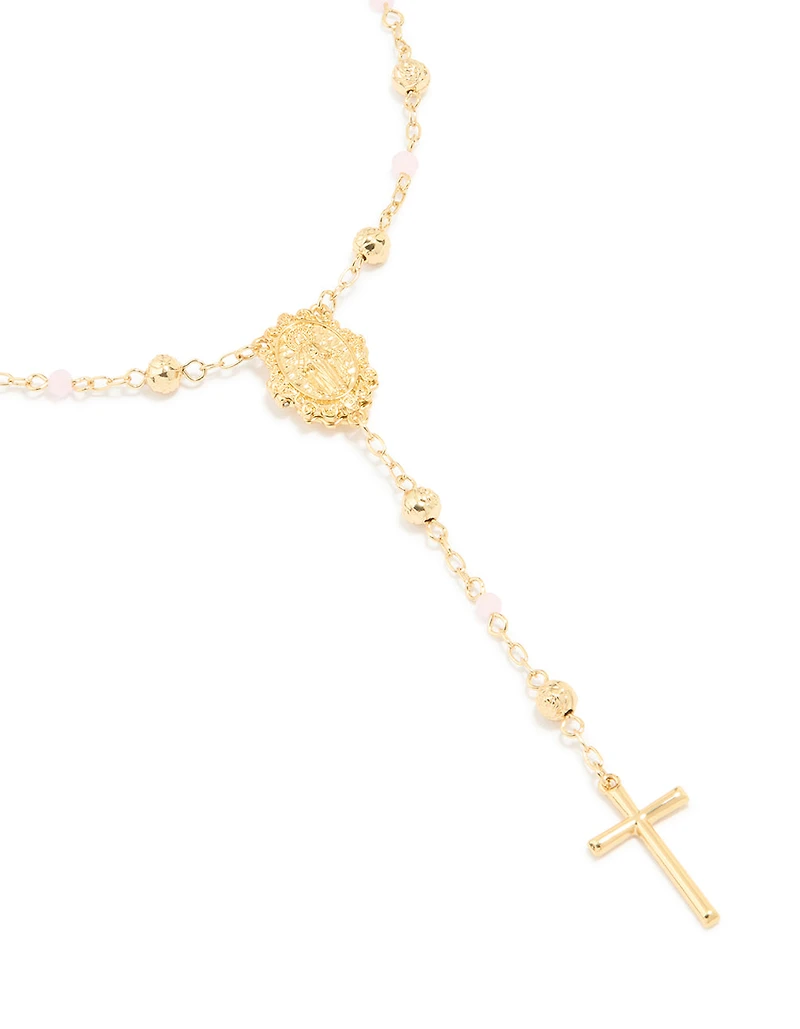 Gold Plated Pink Beaded Lariat Cross Necklace
