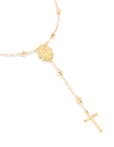 Gold Plated Pink Beaded Lariat Cross Necklace