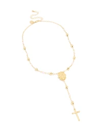 Gold Plated Pink Beaded Lariat Cross Necklace