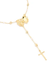 Gold Plated Pink Beaded Lariat Cross Necklace