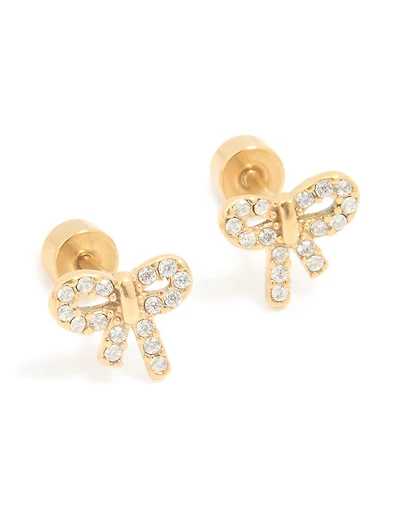 Kids Gold Plated Surgical Steel Cubic Zirconia Bow Flat Back Earrings