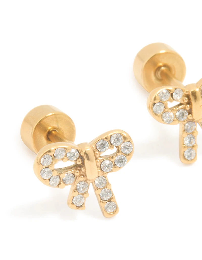 Kids Gold Plated Surgical Steel Cubic Zirconia Bow Flat Back Earrings