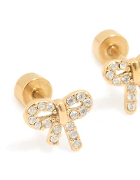 Kids Gold Plated Surgical Steel Cubic Zirconia Bow Flat Back Earrings