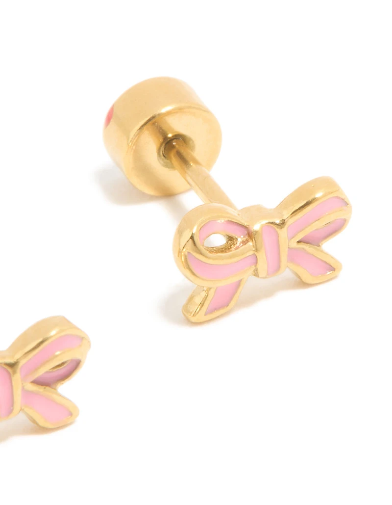 Gold Plated Surgical Steel Enamel Bow Flat Back Earrings