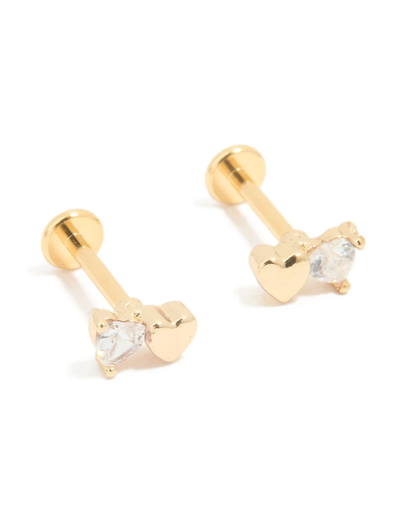 Kids Gold Plated Surgical Steel Cubic Zirconia Heart Flat Back Earrings
