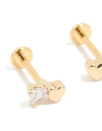 Kids Gold Plated Surgical Steel Cubic Zirconia Heart Flat Back Earrings