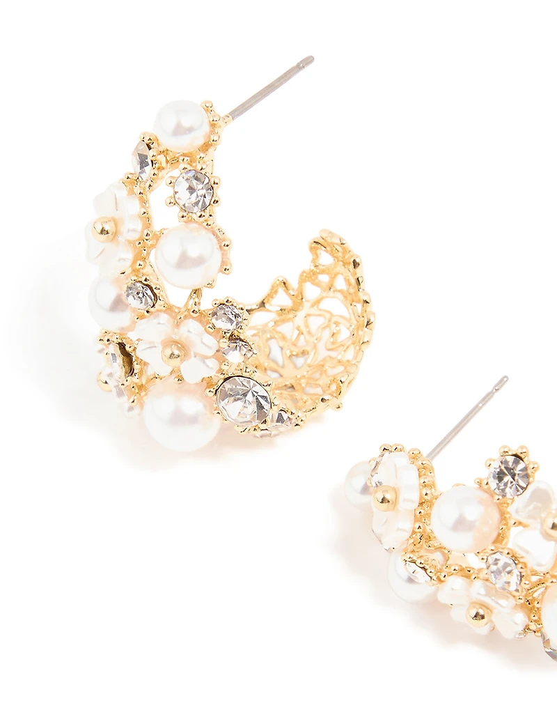 Gold Plated Flower Diamante Pearl Graduating Hoop