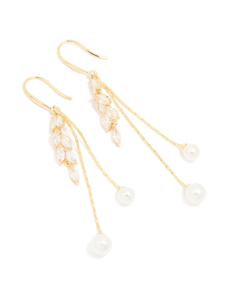 Gold Plated Cubic Zirconia Double Pearl Hook Earrings