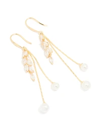 Gold Plated Cubic Zirconia Double Pearl Hook Earrings