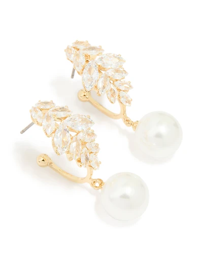 Gold Plated Cubic Zirconia Large Vine Pearl Drop Earrings