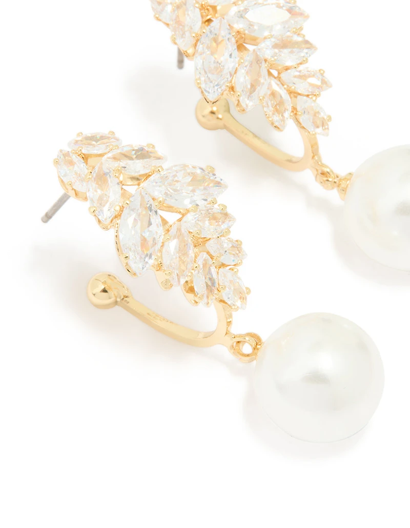 Gold Plated Cubic Zirconia Large Vine Pearl Drop Earrings