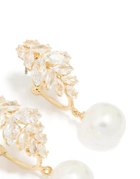 Gold Plated Cubic Zirconia Large Vine Pearl Drop Earrings
