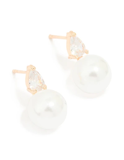 Gold Plated Cubic Zirconia & Pearl Teardrop Earrings