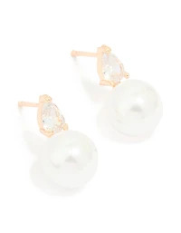 Gold Plated Cubic Zirconia & Pearl Teardrop Earrings