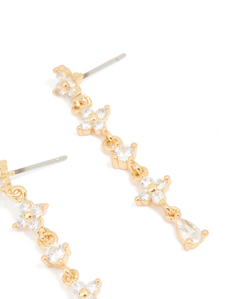 Gold Plated Cubic Zirconia Flower Drop Earrings