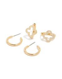 Gold Plated Cubic Zirconia Flower & Plain Huggie Earrings 2-Pack