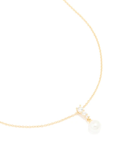 Gold Plated Cubic Zirconia & Pearl Pendant Necklace