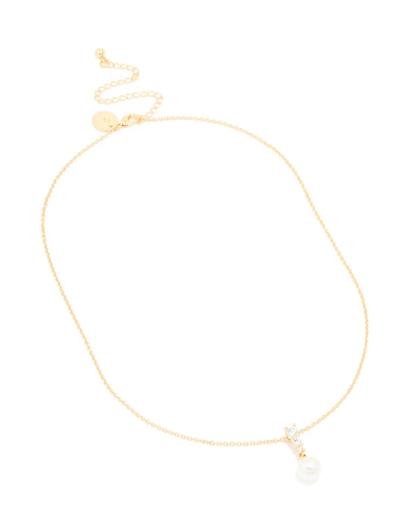 Gold Plated Cubic Zirconia & Pearl Pendant Necklace